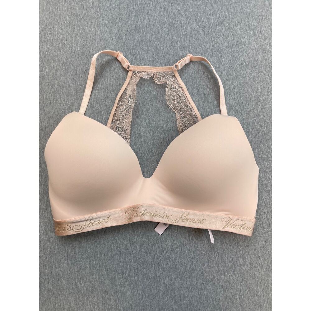 Victorias Secret Bra Womens 32D Pink T-Shirt Lightly Lined Lace Wireless